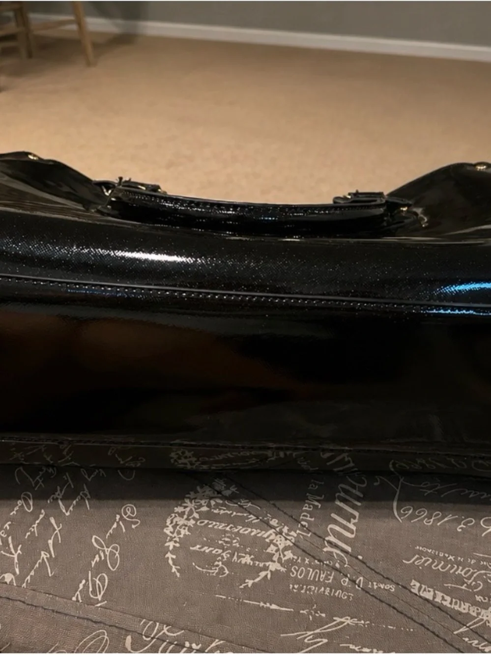Michael Kors Black Patent Satchel with Gold Lock and Logo Medallion